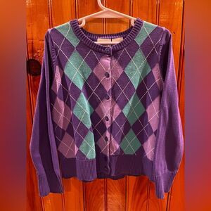 LL Bean Girls Purple/Teal Argyle Cardigan Sweater Size 5/6